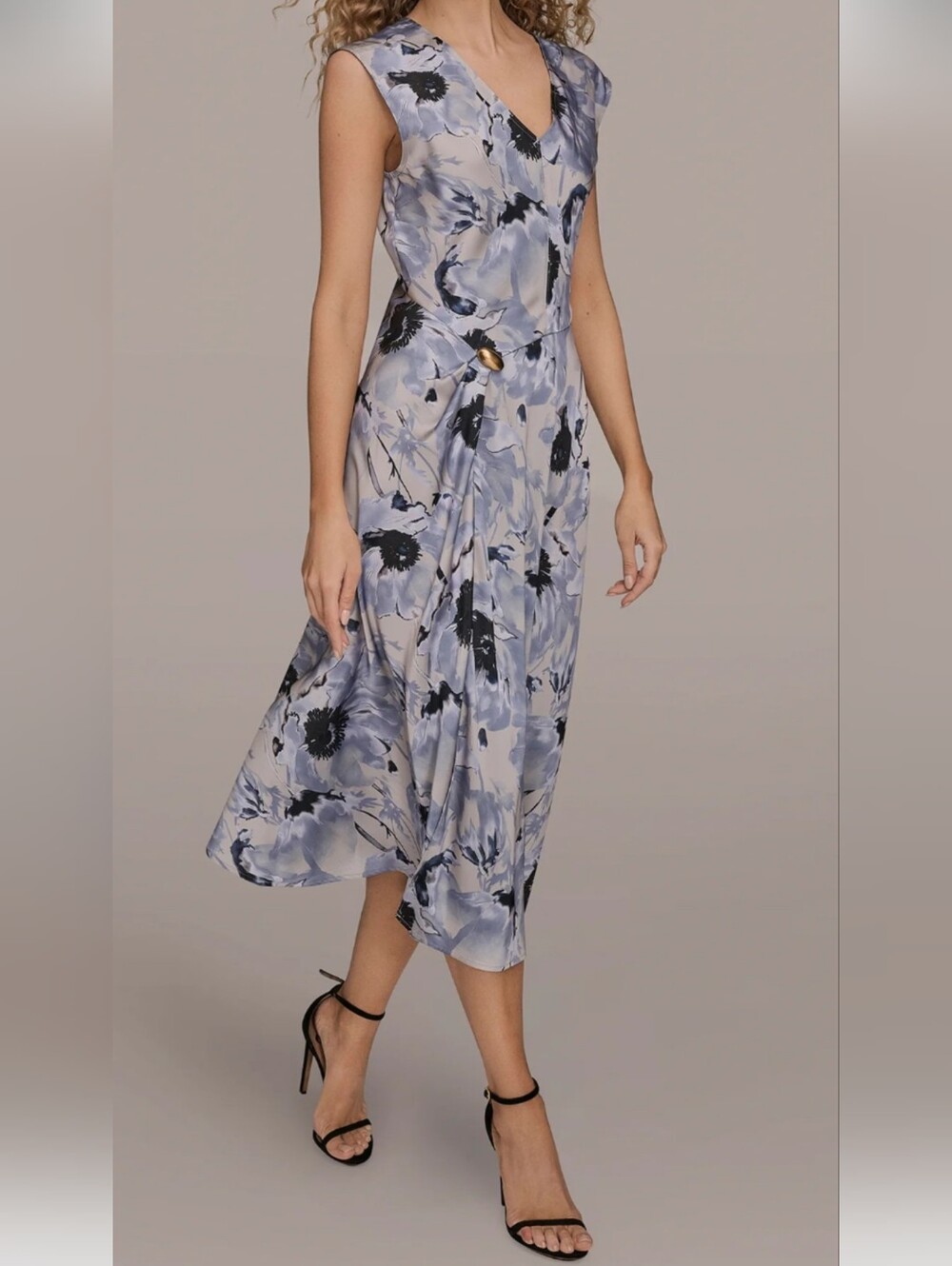 Donna Karan Sleeveless Blue Floral Midi Dress